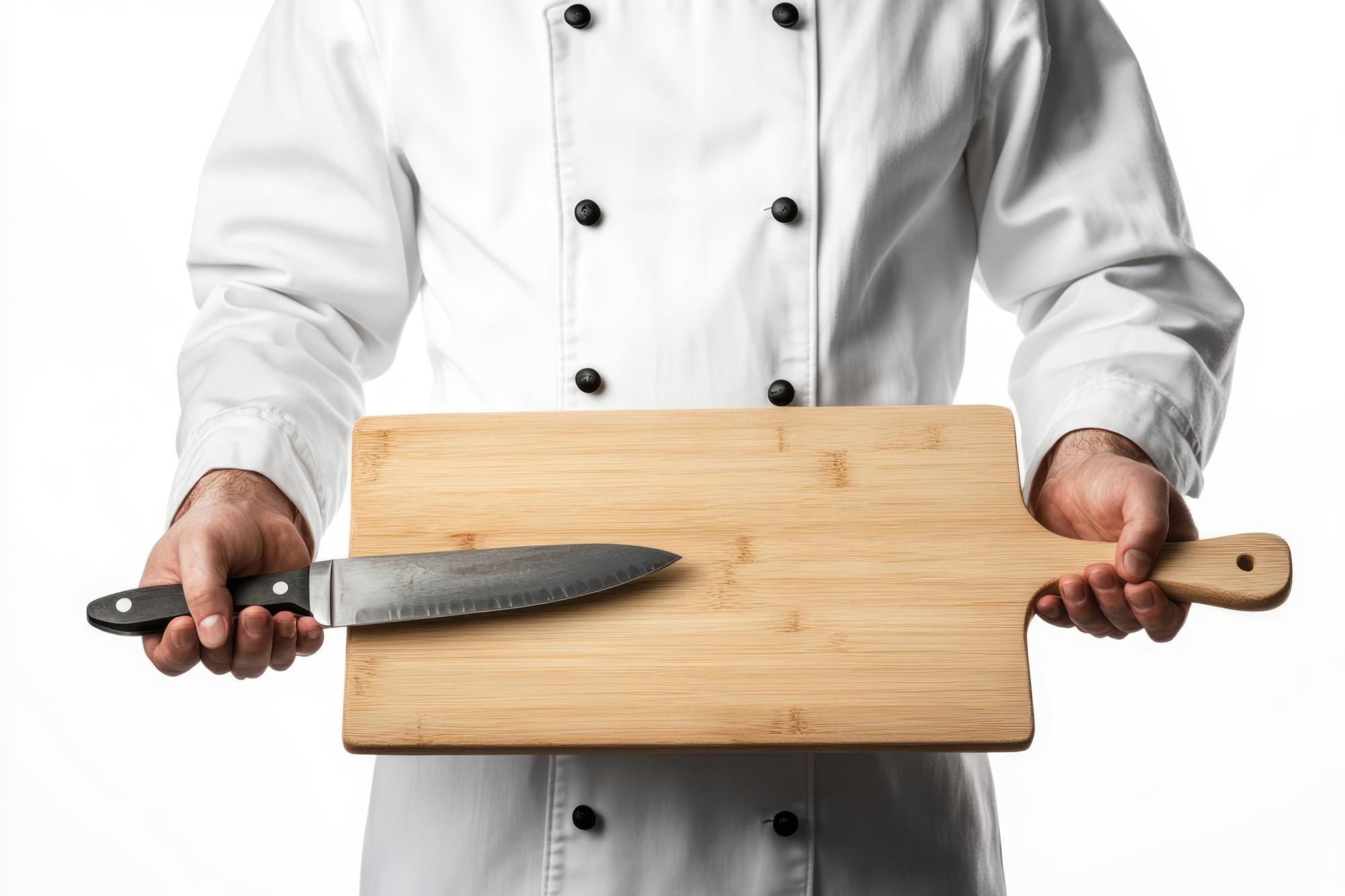 Chef che dimostra una tecnica di taglio su tavolo di legno
